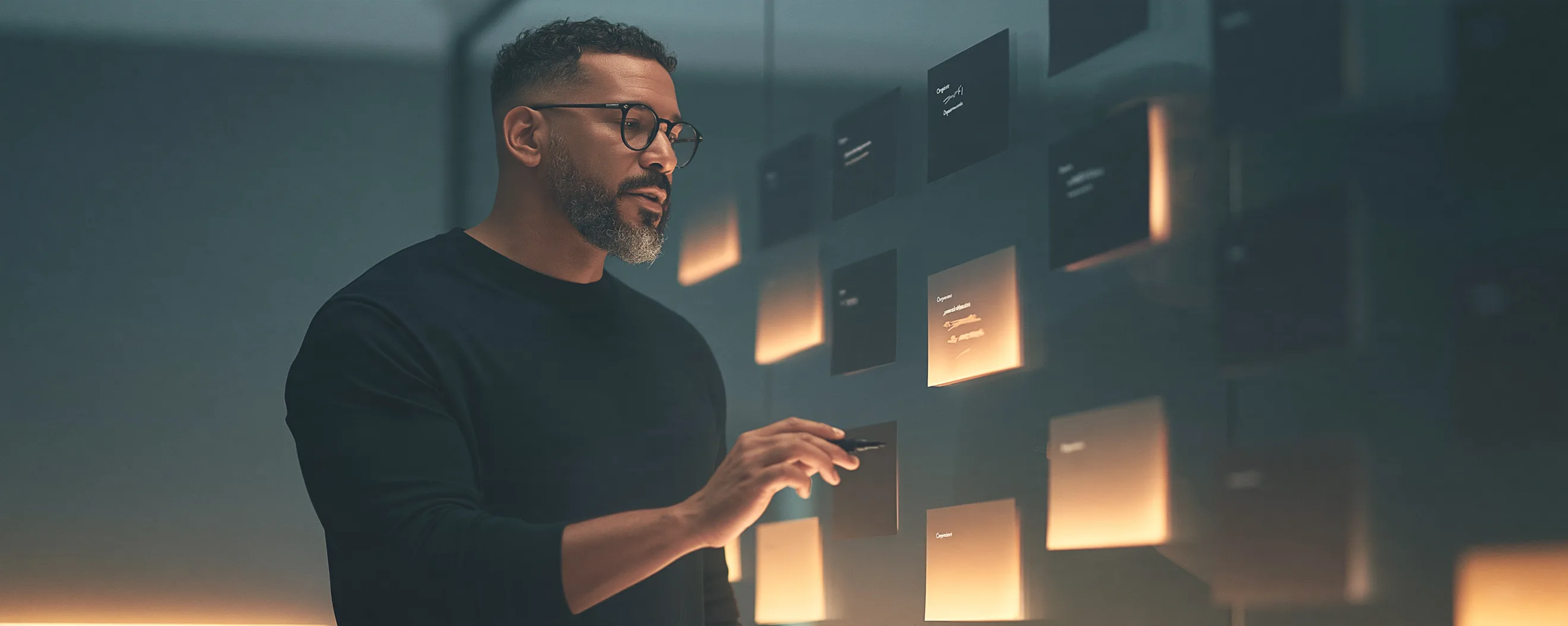 A man in glasses at a wall of lit cards arranged like an org chart, pen in hand, deciding where one belongs.