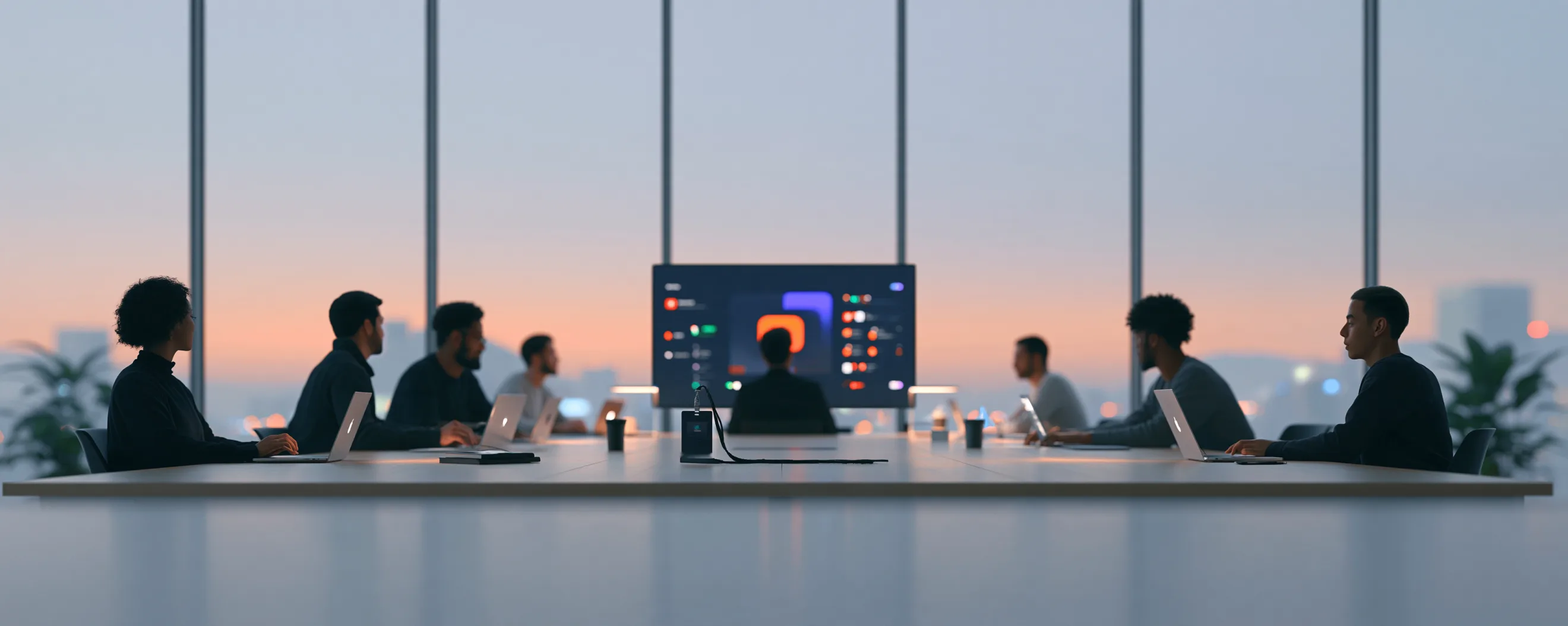 People from two teams around one long table at dusk, laptops open, a visitor badge on a lanyard in the middle, city lights beyond tall windows.