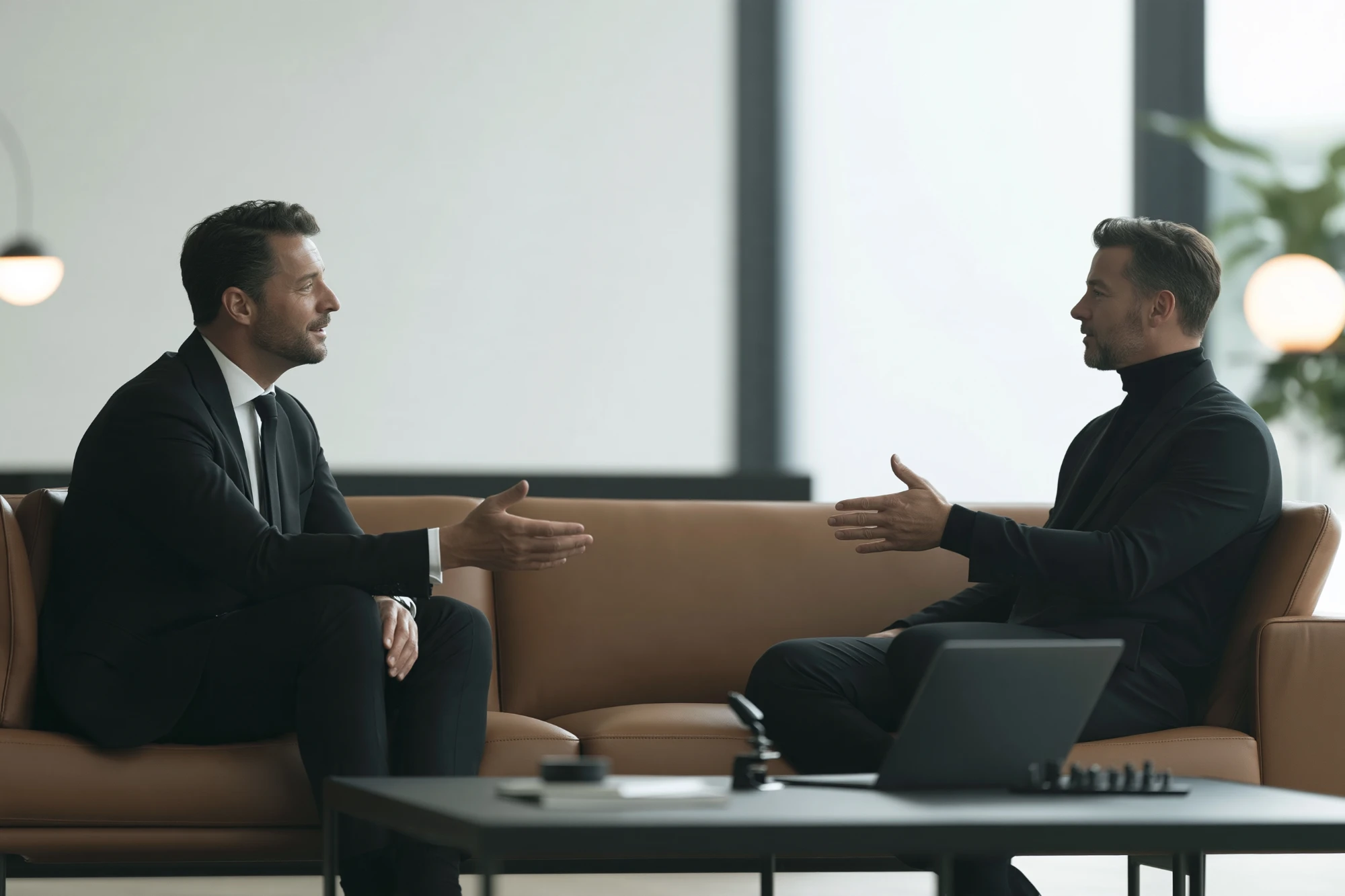 Two leaders in conversation on a sofa