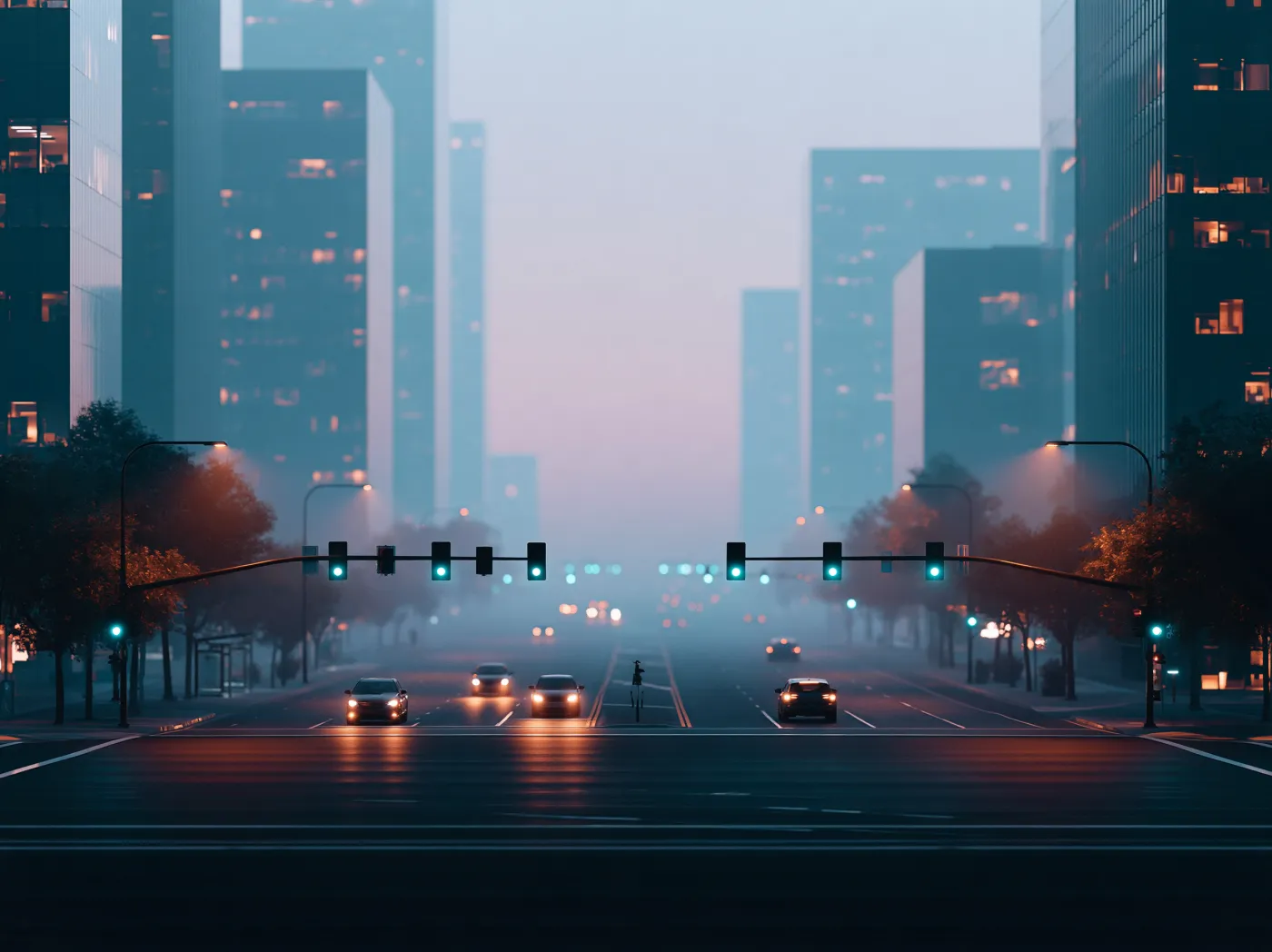A misty city avenue at dusk, every traffic signal green and cars moving through