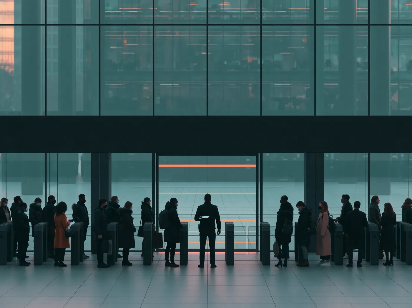 A long queue of people waiting at a row of closed turnstiles while one guard checks papers
