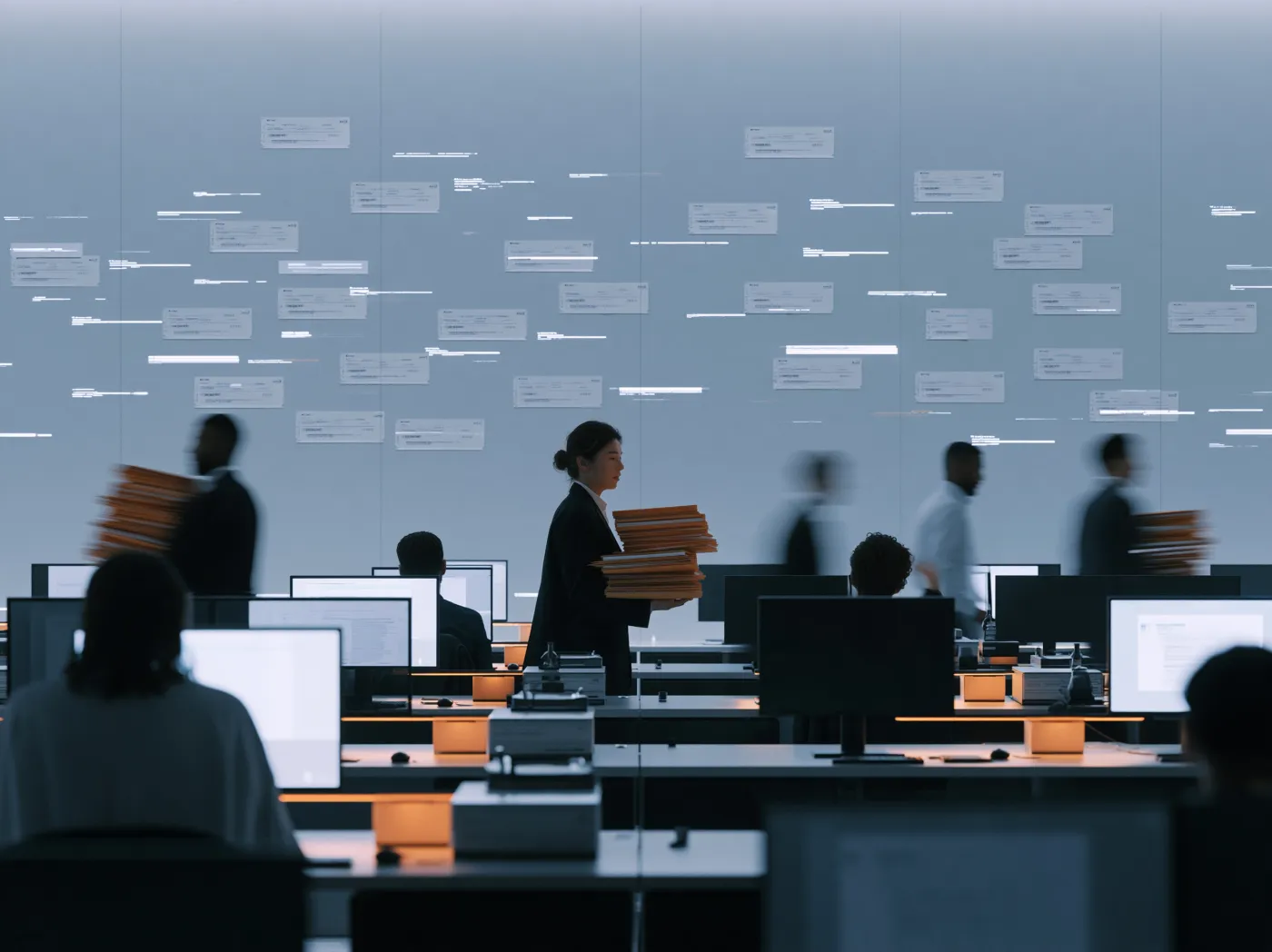 A back office at dusk, people carrying stacks of folders between desks under a wall of pinned tickets